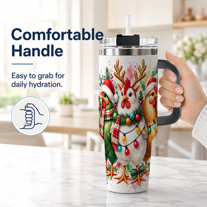 #pl[40oz|Black] Watercolor Christmas Chickens 40oz Tumbler with Handle, Reindeer Hens