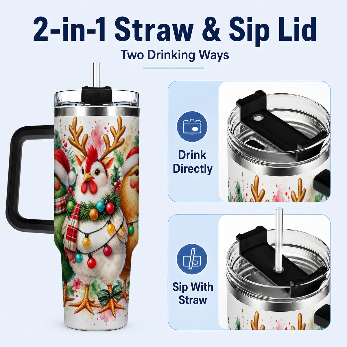 #pl[40oz|Black] Watercolor Christmas Chickens 40oz Tumbler with Handle, Reindeer Hens