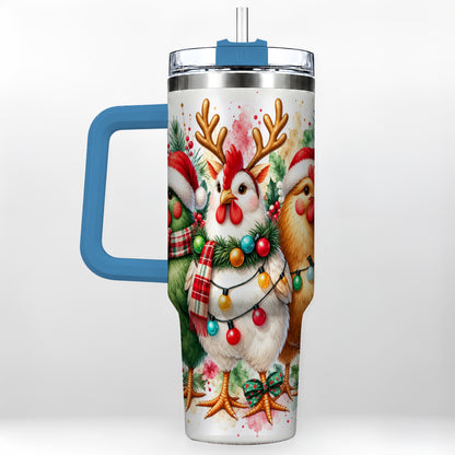#pl[40oz|Blue] Watercolor Christmas Chickens 40oz Tumbler with Handle, Reindeer Hens