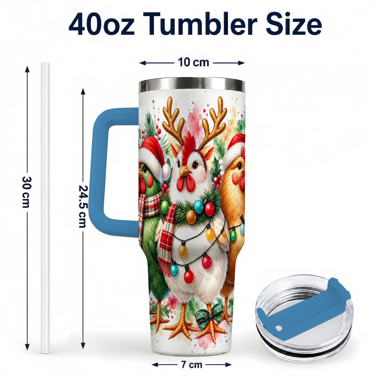 #pl[40oz|Blue] Watercolor Christmas Chickens 40oz Tumbler with Handle, Reindeer Hens