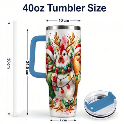 #pl[40oz|Blue] Watercolor Christmas Chickens 40oz Tumbler with Handle, Reindeer Hens