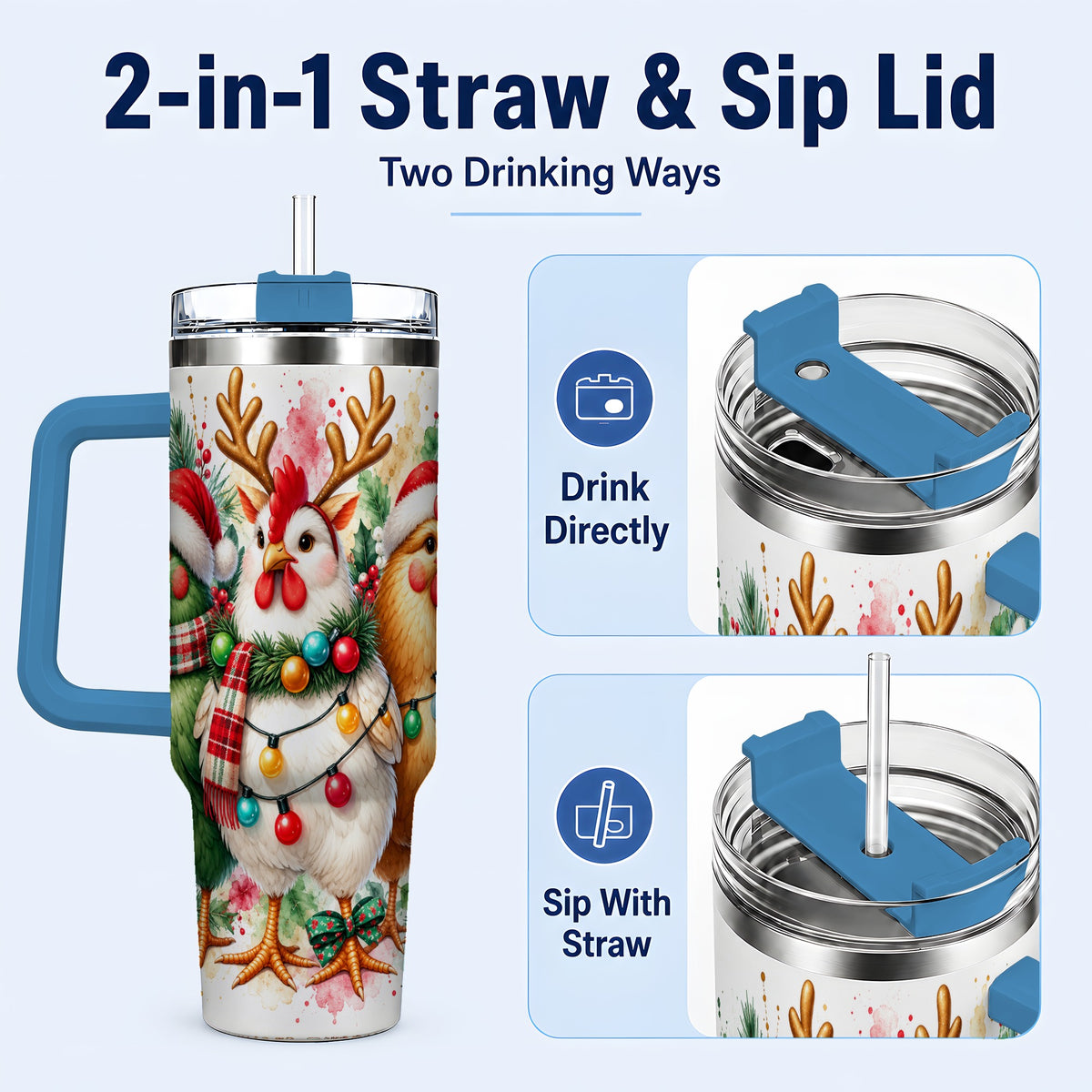 #pl[40oz|Blue] Watercolor Christmas Chickens 40oz Tumbler with Handle, Reindeer Hens