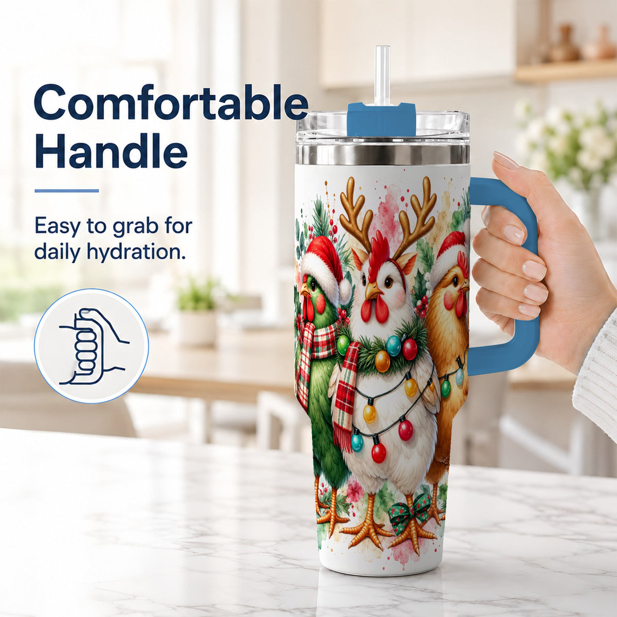 #pl[40oz|Blue] Watercolor Christmas Chickens 40oz Tumbler with Handle, Reindeer Hens
