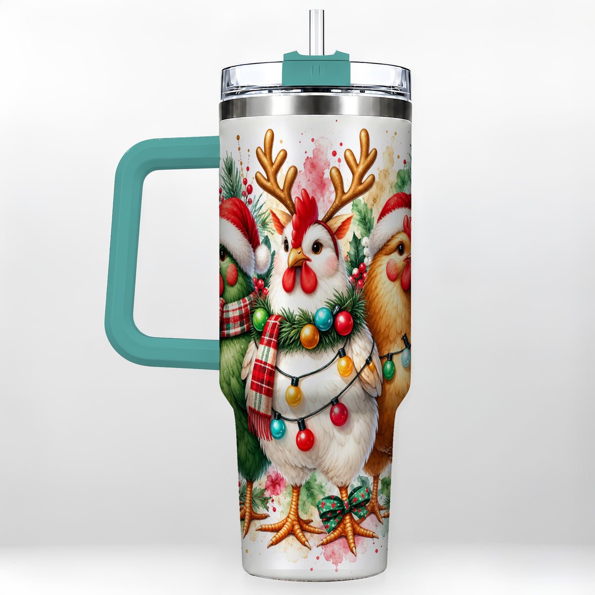 #pl[40oz|Green] Watercolor Christmas Chickens 40oz Tumbler with Handle, Reindeer Hens