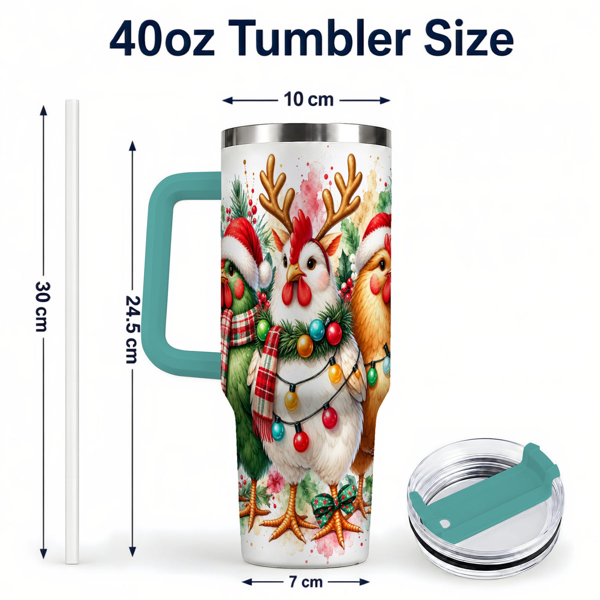 #pl[40oz|Green] Watercolor Christmas Chickens 40oz Tumbler with Handle, Reindeer Hens