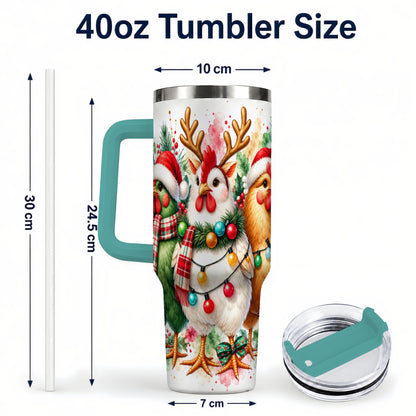 #pl[40oz|Green] Watercolor Christmas Chickens 40oz Tumbler with Handle, Reindeer Hens