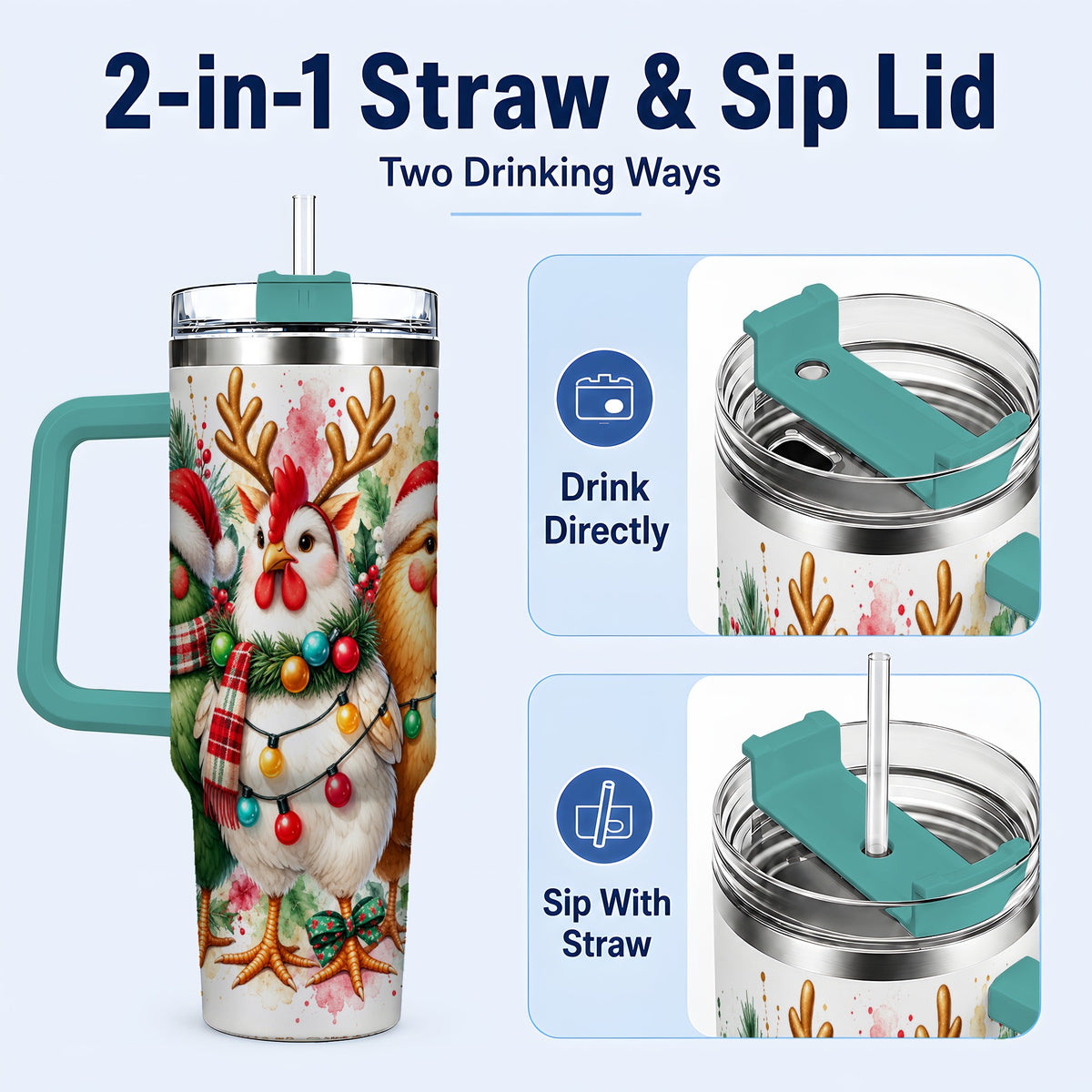 #pl[40oz|Green] Watercolor Christmas Chickens 40oz Tumbler with Handle, Reindeer Hens