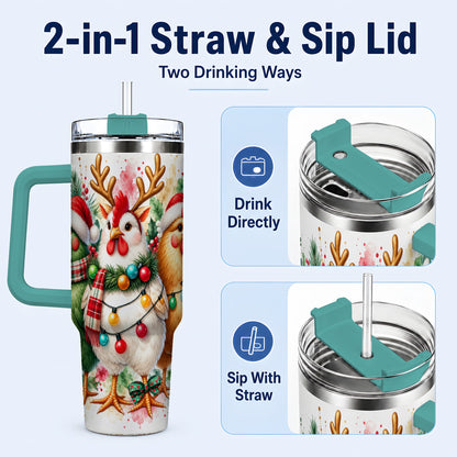 #pl[40oz|Green] Watercolor Christmas Chickens 40oz Tumbler with Handle, Reindeer Hens