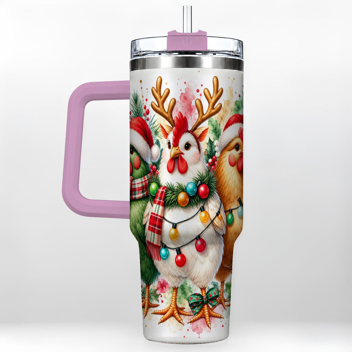 #pl[40oz|Pink] Watercolor Christmas Chickens 40oz Tumbler with Handle, Reindeer Hens