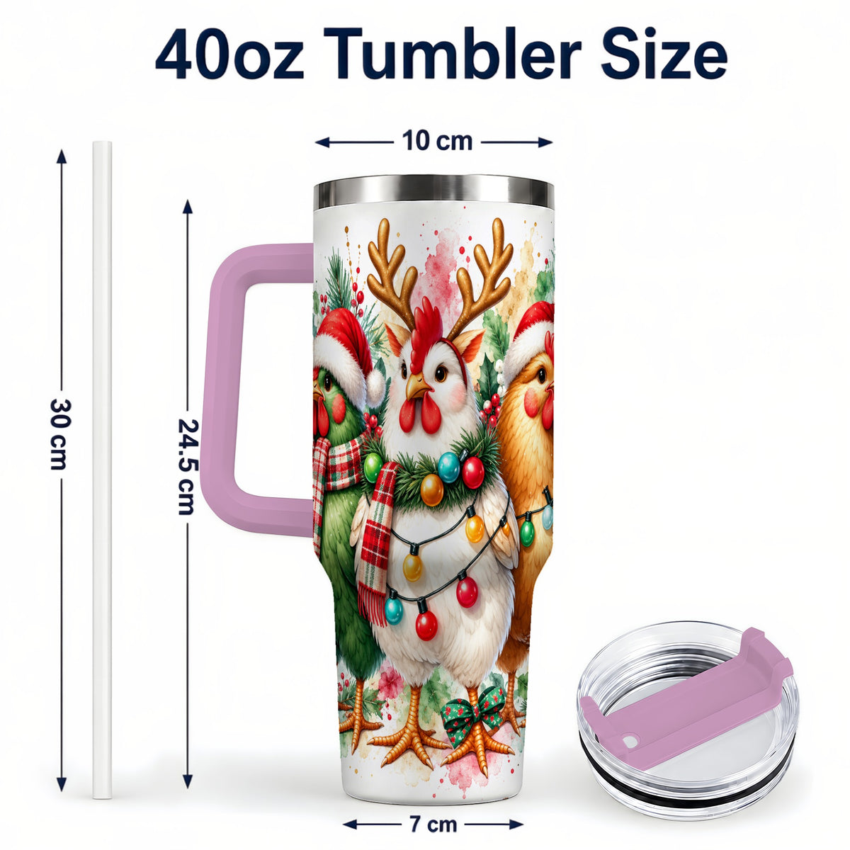 #pl[40oz|Pink] Watercolor Christmas Chickens 40oz Tumbler with Handle, Reindeer Hens