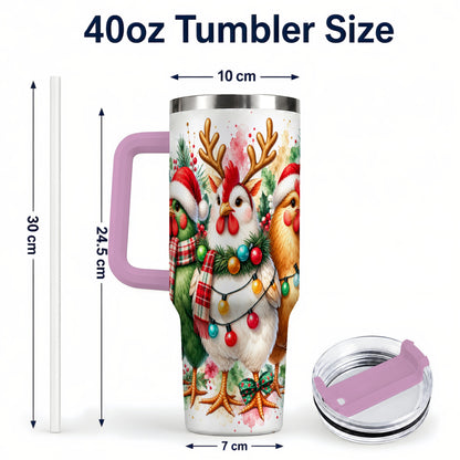 #pl[40oz|Pink] Watercolor Christmas Chickens 40oz Tumbler with Handle, Reindeer Hens