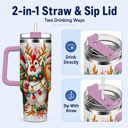 #pl[40oz|Pink] Watercolor Christmas Chickens 40oz Tumbler with Handle, Reindeer Hens