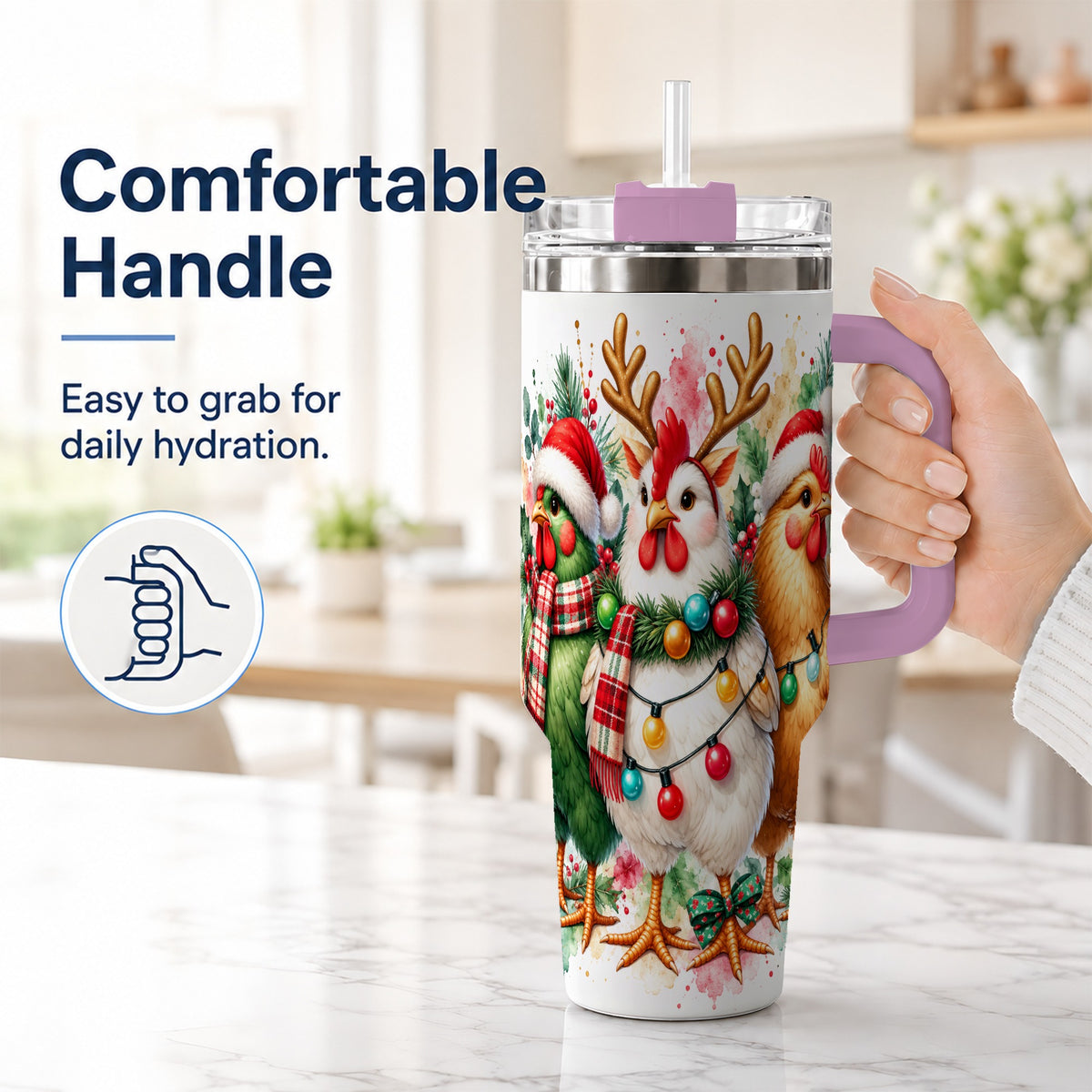 #pl[40oz|Pink] Watercolor Christmas Chickens 40oz Tumbler with Handle, Reindeer Hens