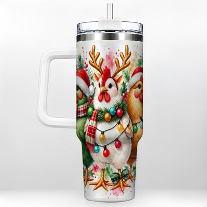 Watercolor Christmas Chickens 40oz Tumbler with Handle, Reindeer Hens