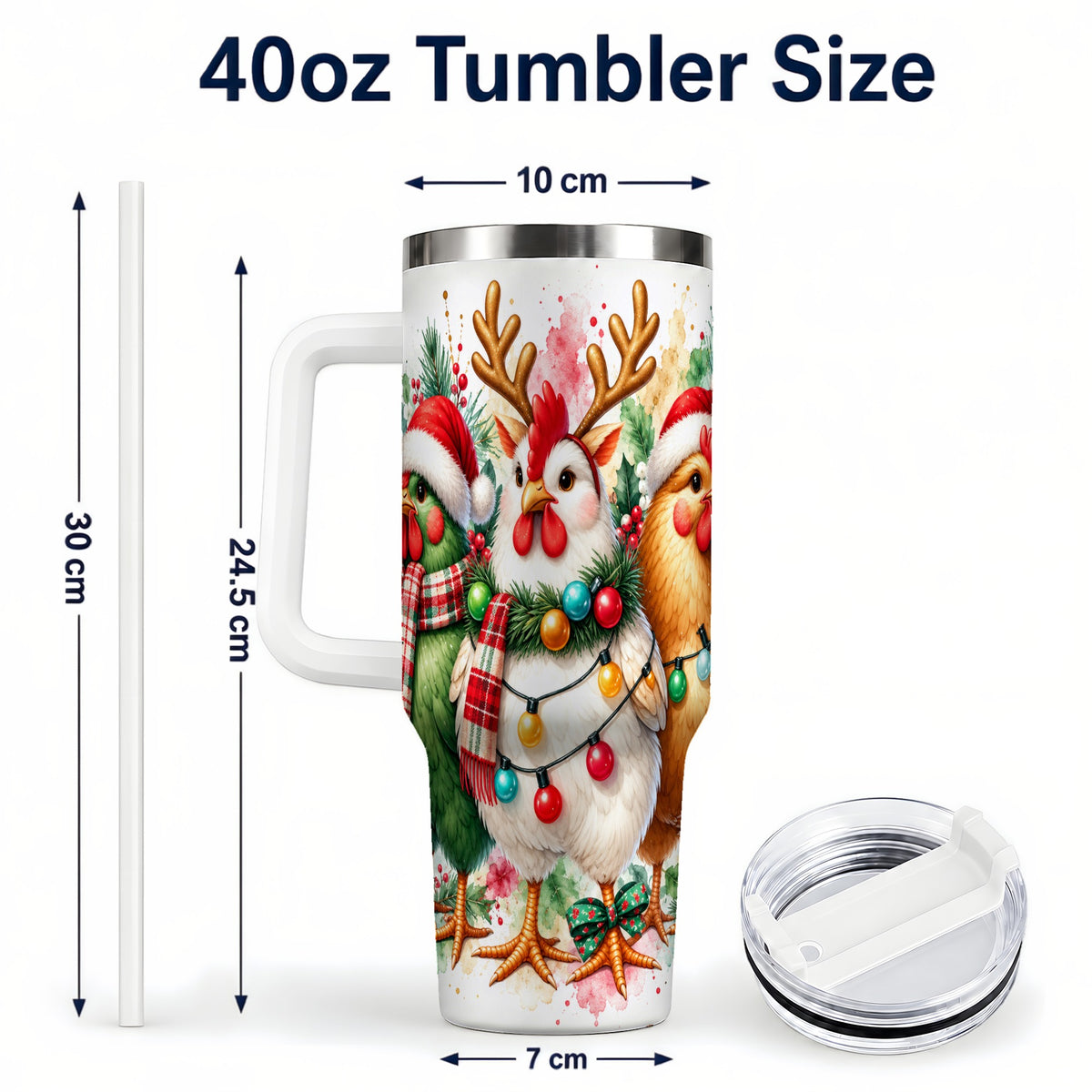#pl[40oz|White] Watercolor Christmas Chickens 40oz Tumbler with Handle, Reindeer Hens