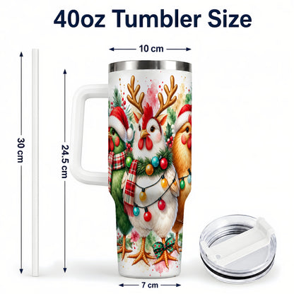 #pl[40oz|White] Watercolor Christmas Chickens 40oz Tumbler with Handle, Reindeer Hens