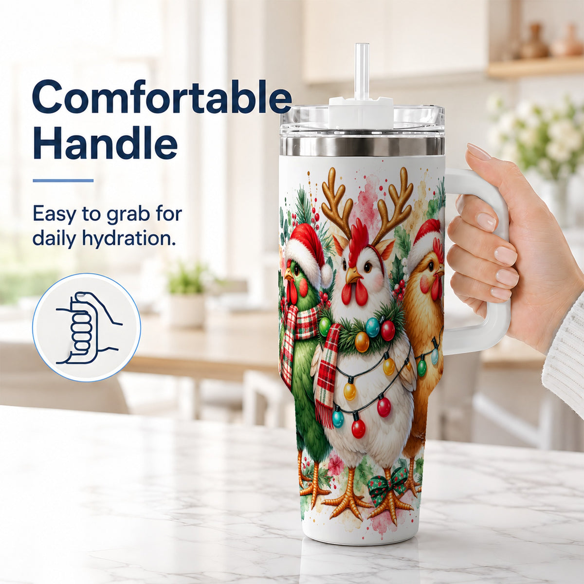 #pl[40oz|White] Watercolor Christmas Chickens 40oz Tumbler with Handle, Reindeer Hens