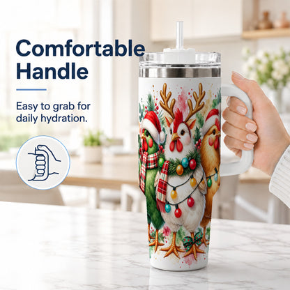 #pl[40oz|White] Watercolor Christmas Chickens 40oz Tumbler with Handle, Reindeer Hens