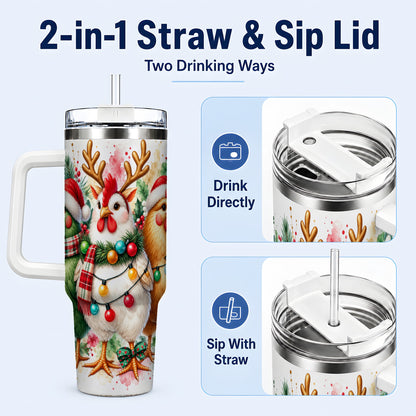 #pl[40oz|White] Watercolor Christmas Chickens 40oz Tumbler with Handle, Reindeer Hens