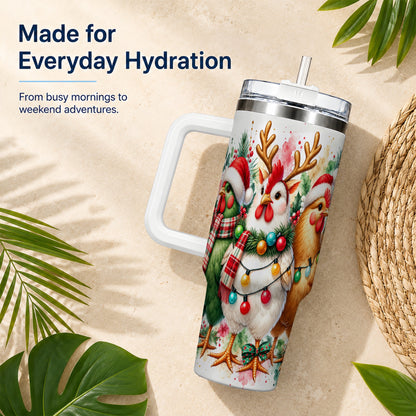 Watercolor Christmas Chickens 40oz Tumbler with Handle, Reindeer Hens