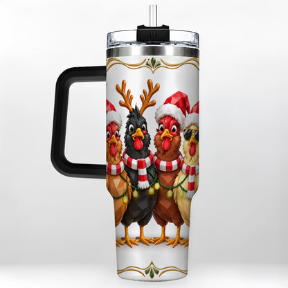 #pl[40oz|Black] Christmas Chickens 40oz Tumbler with Handle, Festive Farm Animal Art