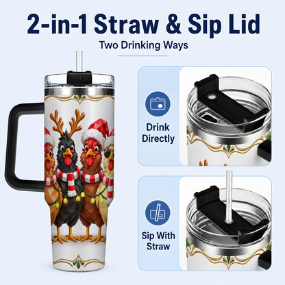#pl[40oz|Black] Christmas Chickens 40oz Tumbler with Handle, Festive Farm Animal Art