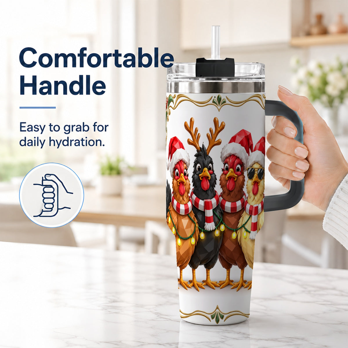 #pl[40oz|Black] Christmas Chickens 40oz Tumbler with Handle, Festive Farm Animal Art