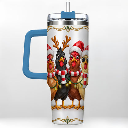 #pl[40oz|Blue] Christmas Chickens 40oz Tumbler with Handle, Festive Farm Animal Art
