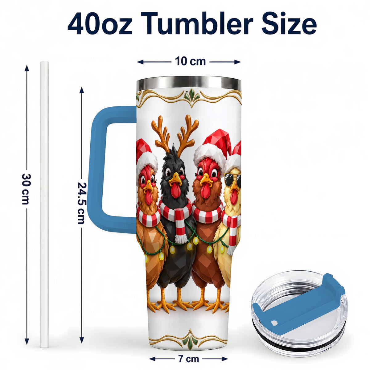 #pl[40oz|Blue] Christmas Chickens 40oz Tumbler with Handle, Festive Farm Animal Art