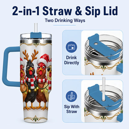 #pl[40oz|Blue] Christmas Chickens 40oz Tumbler with Handle, Festive Farm Animal Art