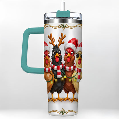 #pl[40oz|Green] Christmas Chickens 40oz Tumbler with Handle, Festive Farm Animal Art
