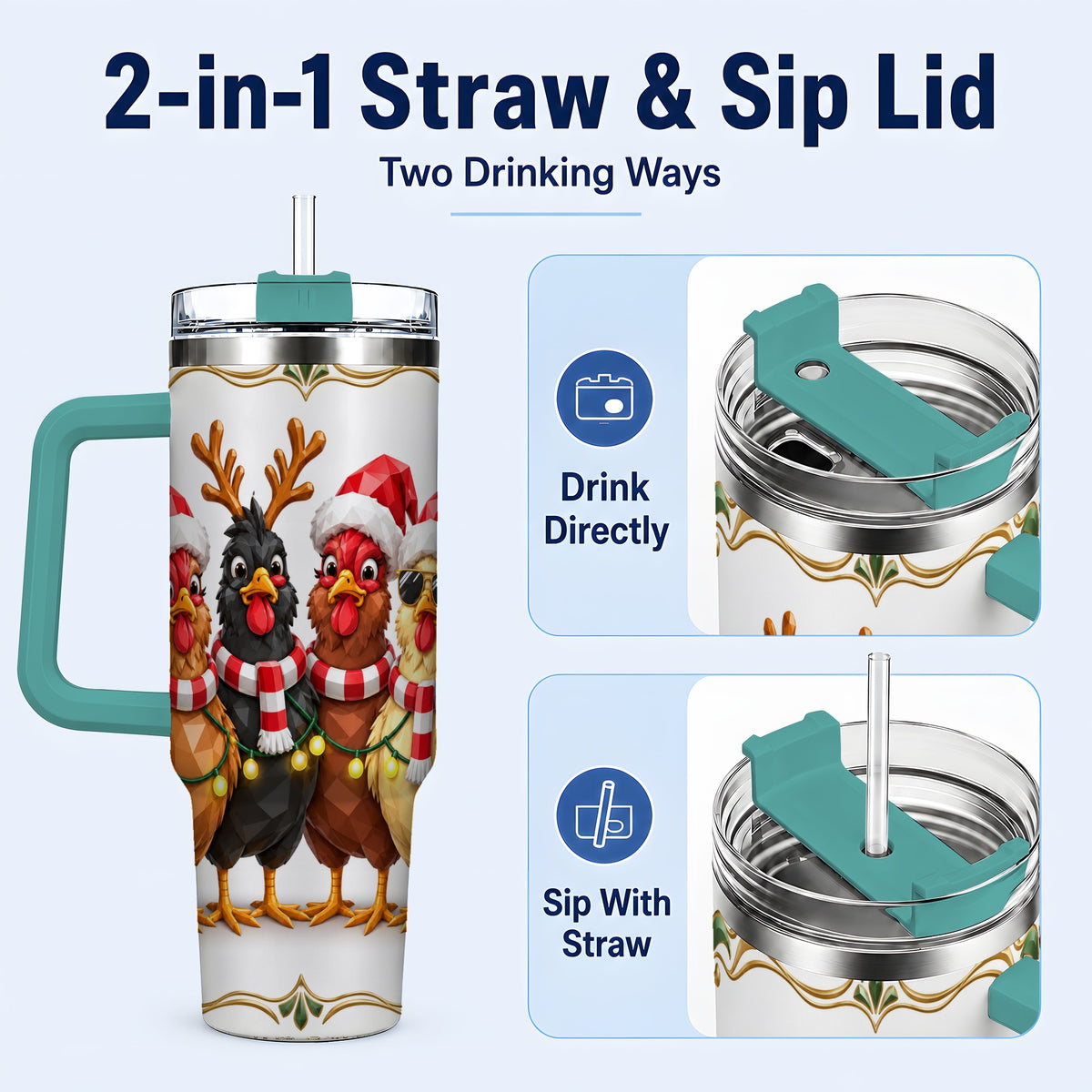 #pl[40oz|Green] Christmas Chickens 40oz Tumbler with Handle, Festive Farm Animal Art
