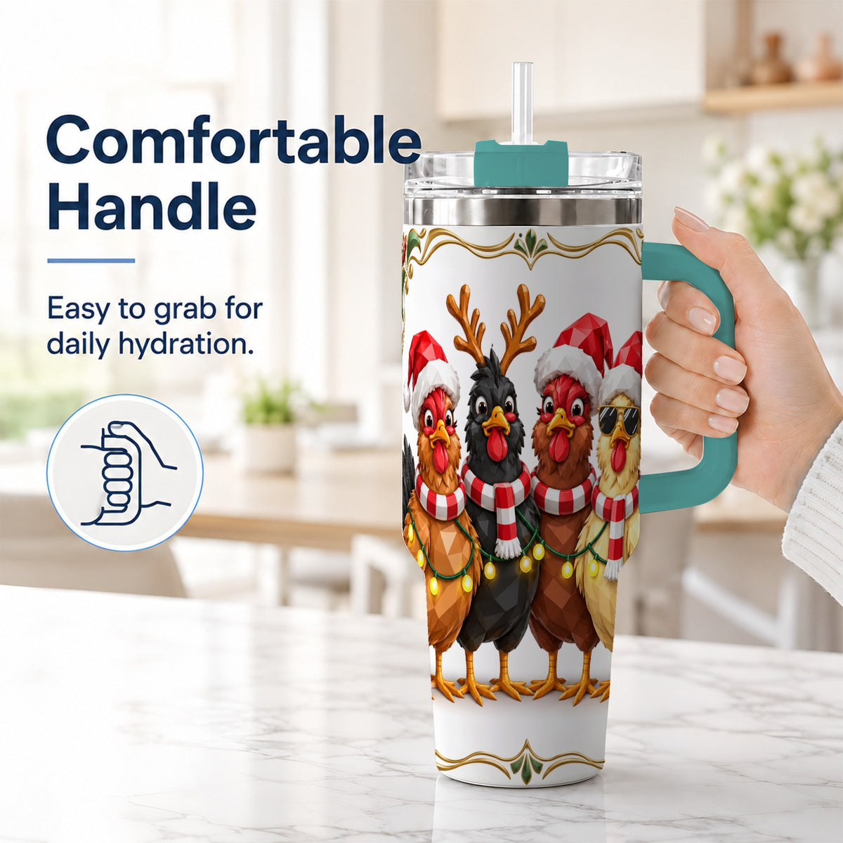 #pl[40oz|Green] Christmas Chickens 40oz Tumbler with Handle, Festive Farm Animal Art