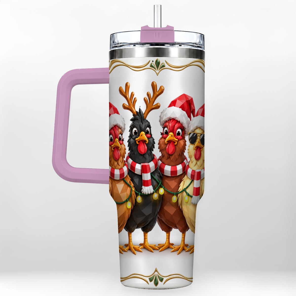 #pl[40oz|Pink] Christmas Chickens 40oz Tumbler with Handle, Festive Farm Animal Art