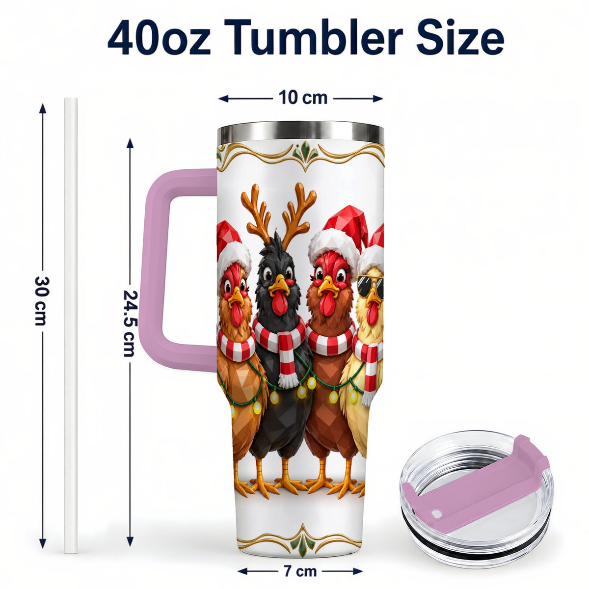 #pl[40oz|Pink] Christmas Chickens 40oz Tumbler with Handle, Festive Farm Animal Art