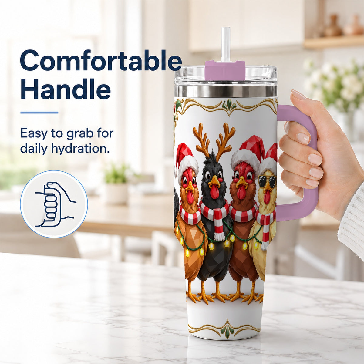 #pl[40oz|Pink] Christmas Chickens 40oz Tumbler with Handle, Festive Farm Animal Art