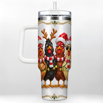 Christmas Chickens 40oz Tumbler with Handle, Festive Farm Animal Art