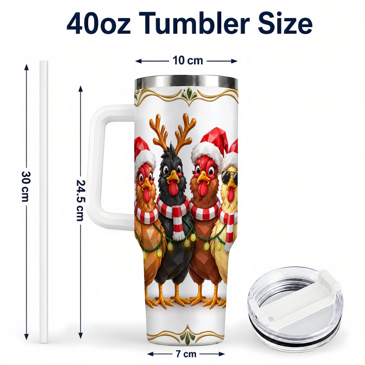 #pl[40oz|White] Christmas Chickens 40oz Tumbler with Handle, Festive Farm Animal Art