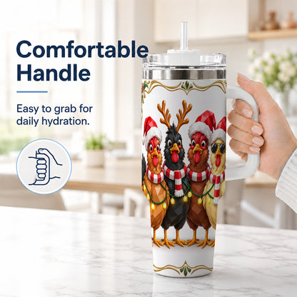 #pl[40oz|White] Christmas Chickens 40oz Tumbler with Handle, Festive Farm Animal Art