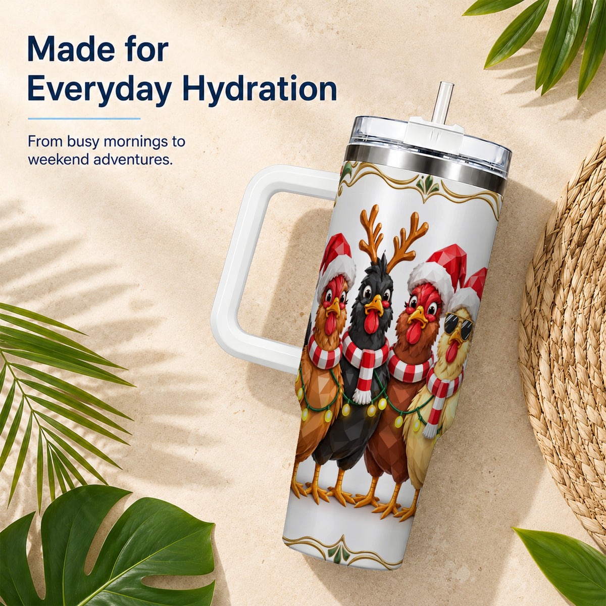 Christmas Chickens 40oz Tumbler with Handle, Festive Farm Animal Art