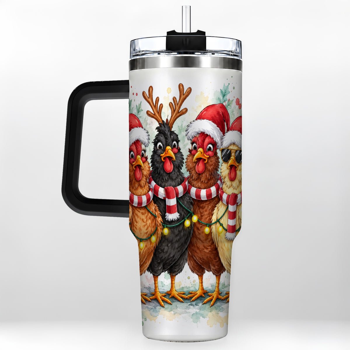 #pl[40oz|Black] Watercolor Chickens 40oz Tumbler with Handle, Christmas Farmhouse Art