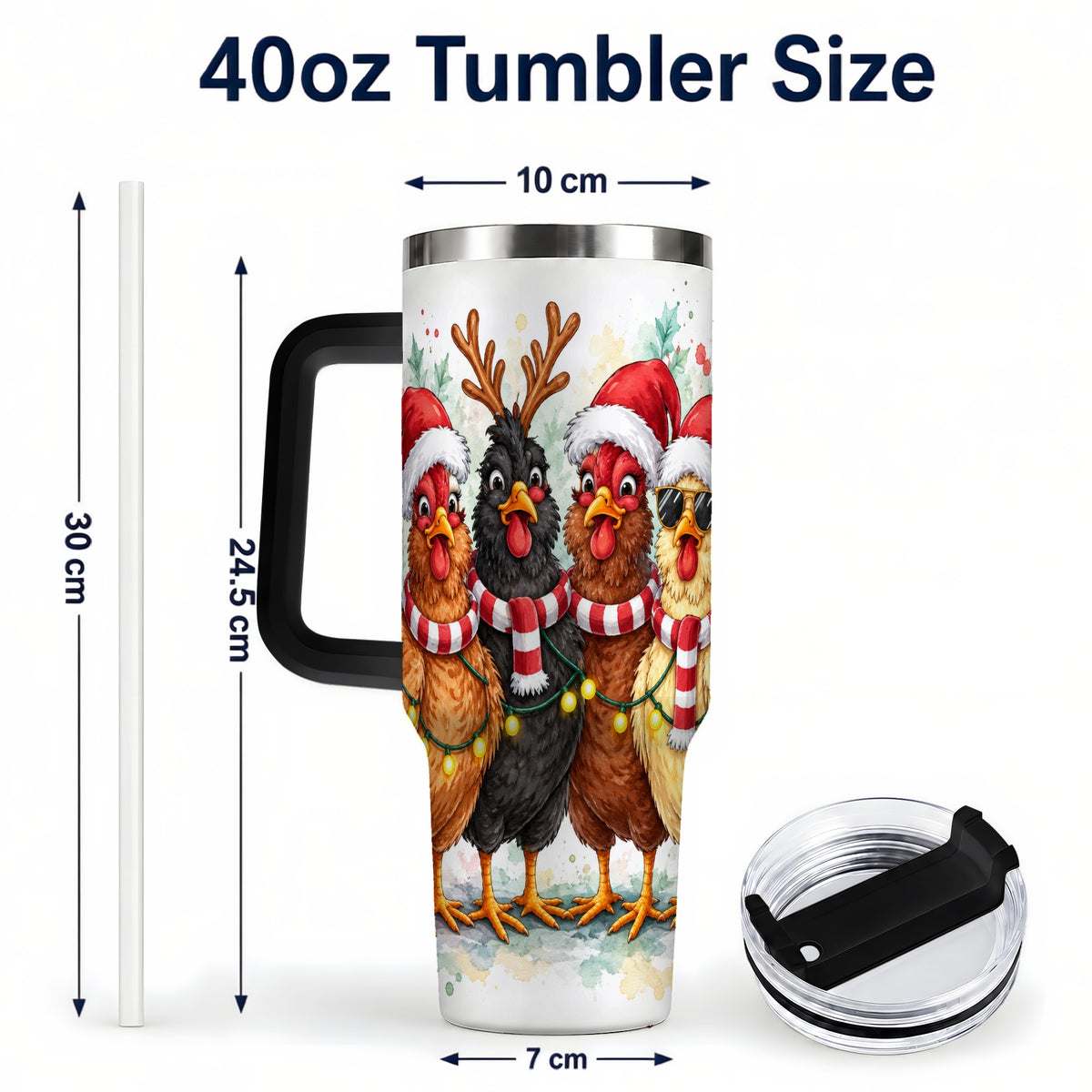 #pl[40oz|Black] Watercolor Chickens 40oz Tumbler with Handle, Christmas Farmhouse Art