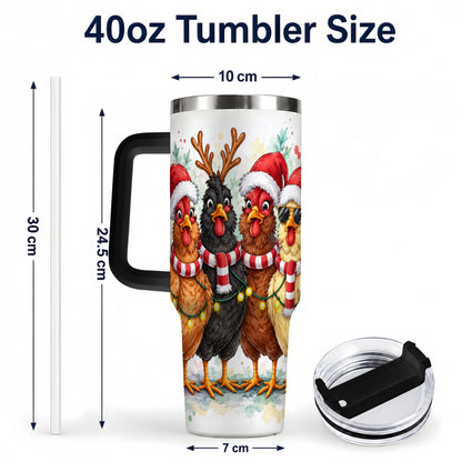 #pl[40oz|Black] Watercolor Chickens 40oz Tumbler with Handle, Christmas Farmhouse Art