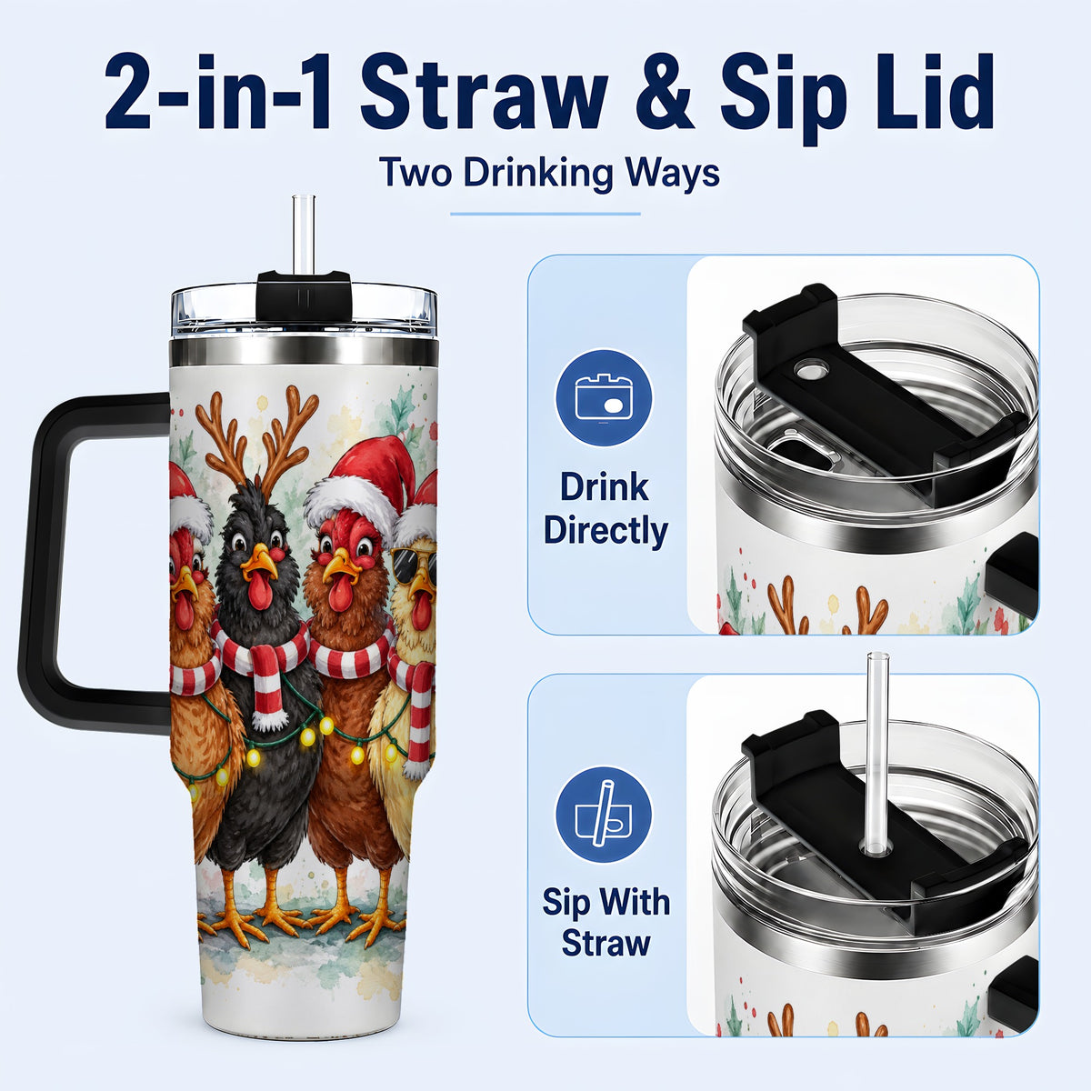 #pl[40oz|Black] Watercolor Chickens 40oz Tumbler with Handle, Christmas Farmhouse Art