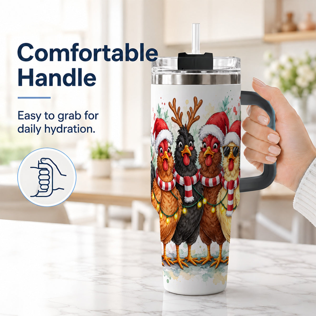 #pl[40oz|Black] Watercolor Chickens 40oz Tumbler with Handle, Christmas Farmhouse Art