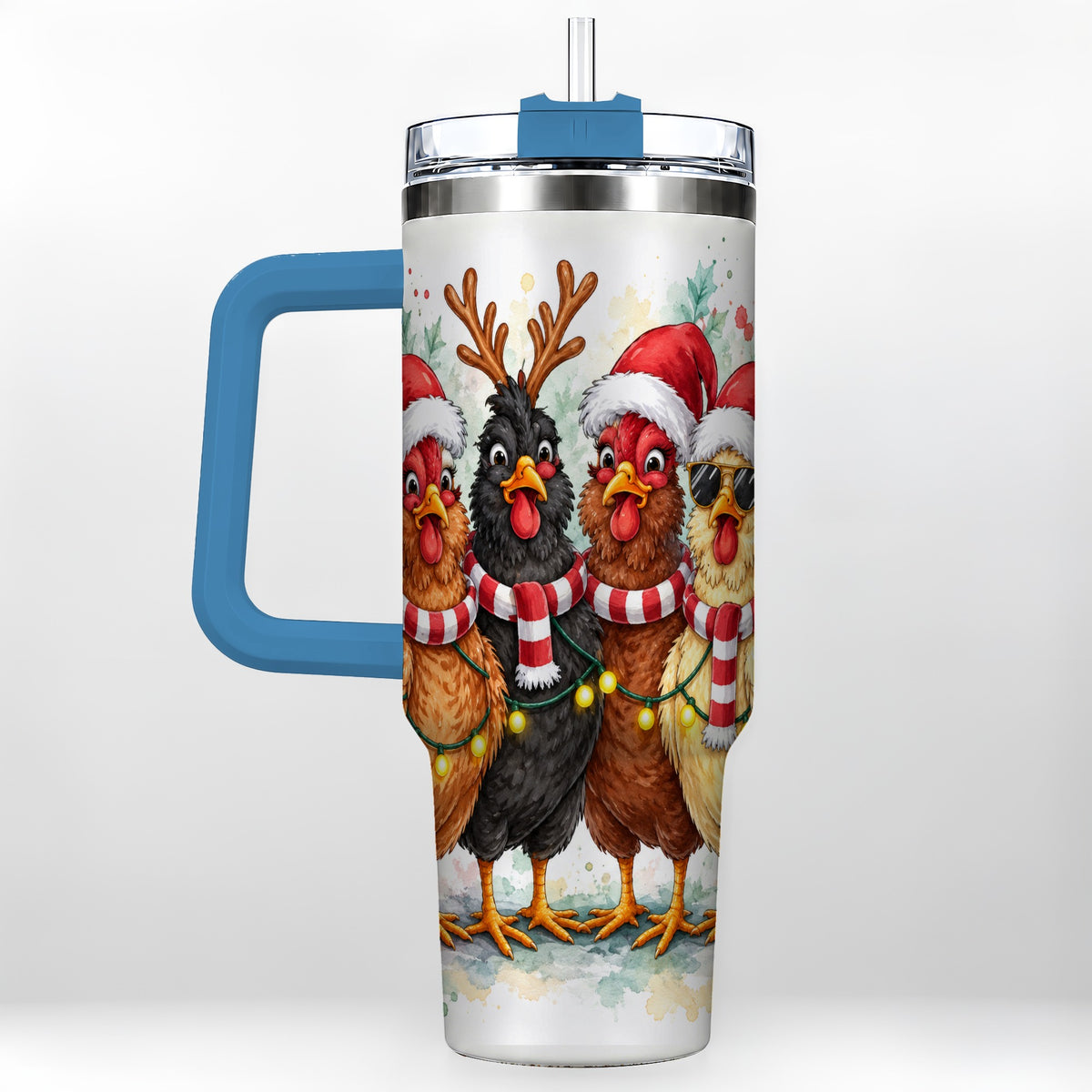 #pl[40oz|Blue] Watercolor Chickens 40oz Tumbler with Handle, Christmas Farmhouse Art