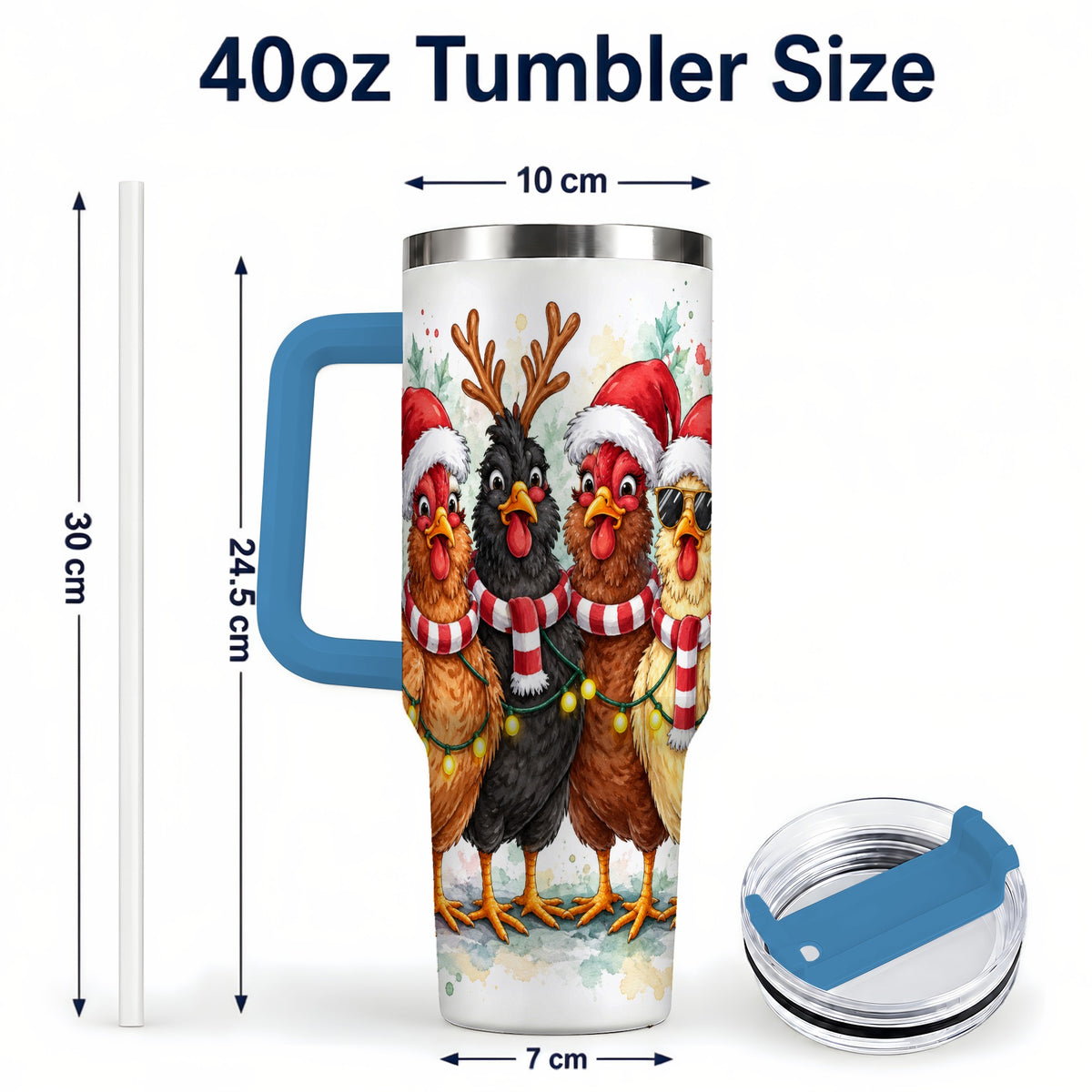 #pl[40oz|Blue] Watercolor Chickens 40oz Tumbler with Handle, Christmas Farmhouse Art