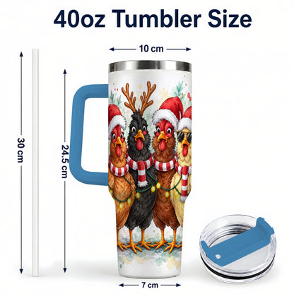 #pl[40oz|Blue] Watercolor Chickens 40oz Tumbler with Handle, Christmas Farmhouse Art