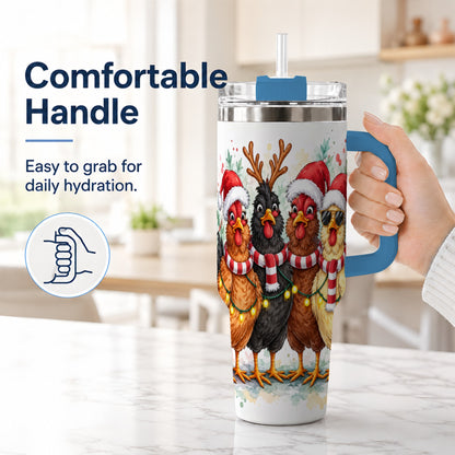 #pl[40oz|Blue] Watercolor Chickens 40oz Tumbler with Handle, Christmas Farmhouse Art