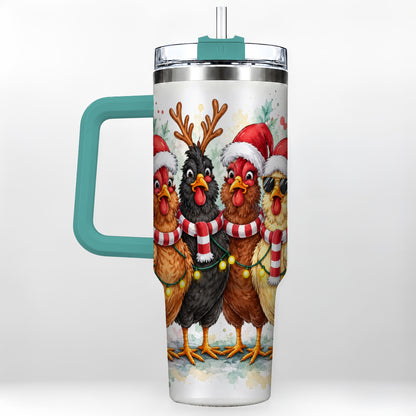 #pl[40oz|Green] Watercolor Chickens 40oz Tumbler with Handle, Christmas Farmhouse Art